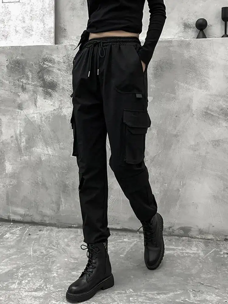 جيوب سوداء عالية مرونة الخصر طويل الحريم السراويل الجديدة فضفاضة تناسب السراويل النساء أزياء المد ربيع الخريف #3