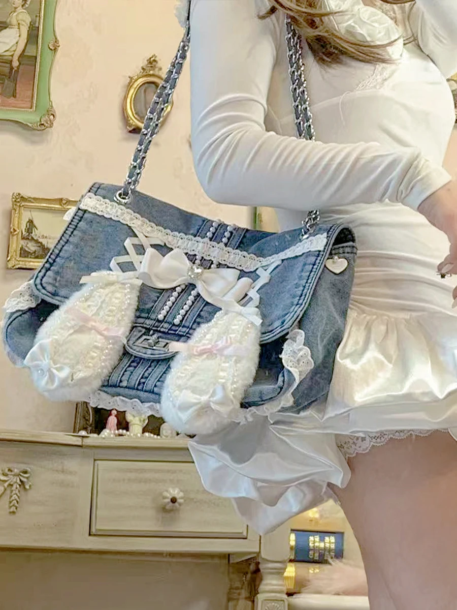 Pinkyo Original Cute Rabbit Ears Lace Denim Bag Casual Commuter Chain Shoulder Diagonal Cross Bag