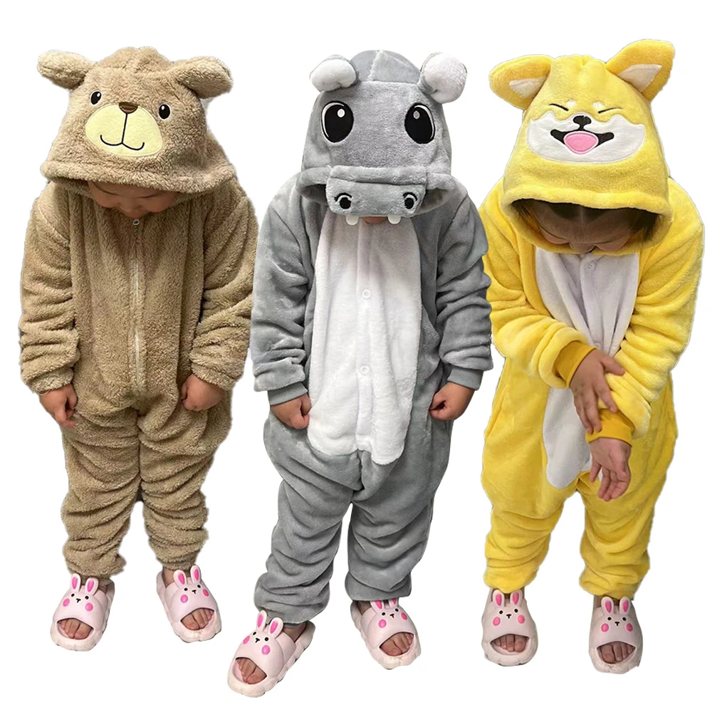 Kid's Animal Costumes Cute Funny Halloween Jumpsuit Boys Girls Kigurumis Pajama Hippo Dog Bear Outfit Winter Warm Flannel Suit