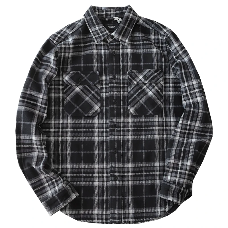 Autumn Winter New American Retro Heavyweight Flannel Plaid Shirt Men\'s Pure Cotton Washed Thickened Casual Cargo Blouses Coat