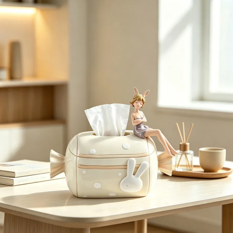 Nordic Resin Candy Rabbit Girl Tissue Box Ornaments Living Room Entrance Bedroom Desktop Paper Box Crafts Bathroom Accessories