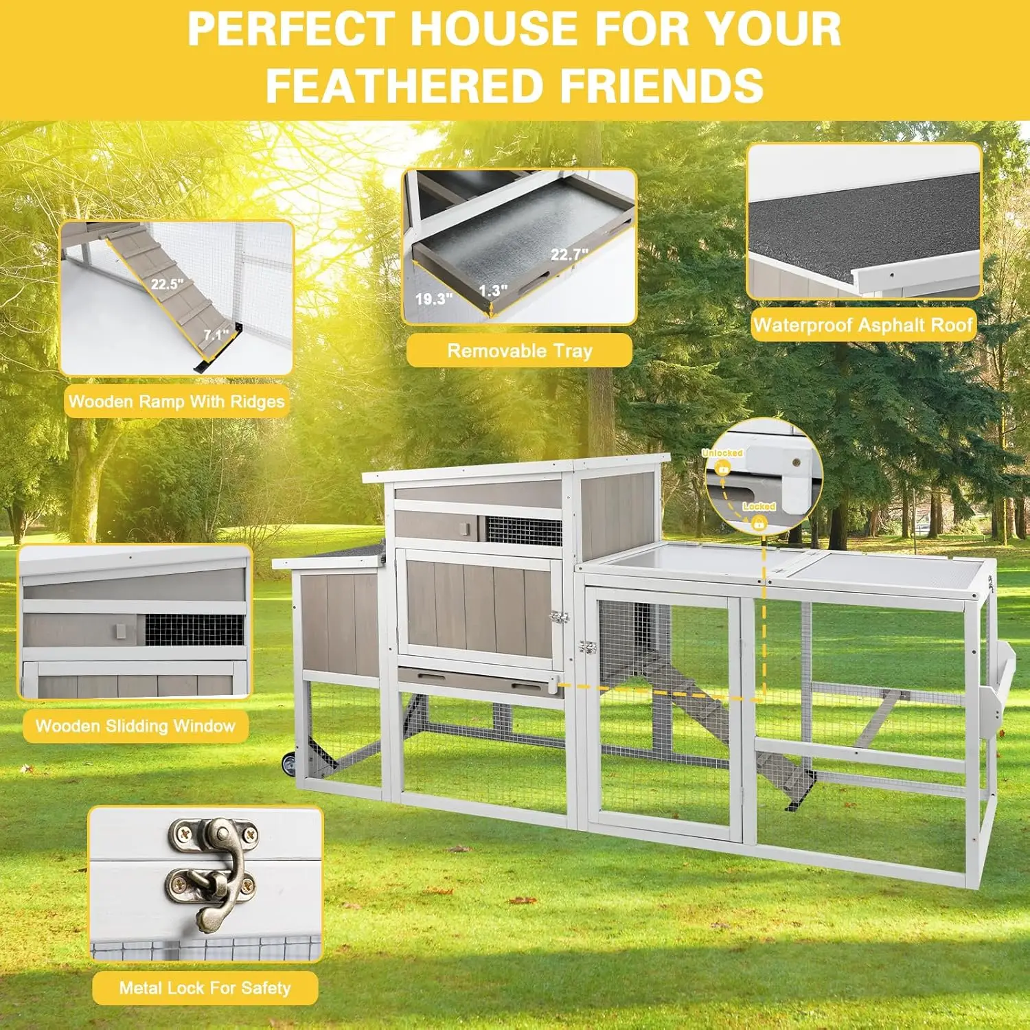 

Chicken Coop Mobile Wooden Hen House with Nesting Box,75" L Outdoor House with Wheels and Removable Tray,Fir Wood Chicke