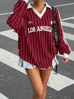 Women's Casual Striped Letter & Number Print Athletic Polo Collar Long Sleeve T-Shirt Drape Oversize Tops Streetweat Spring/Fall - Image 5