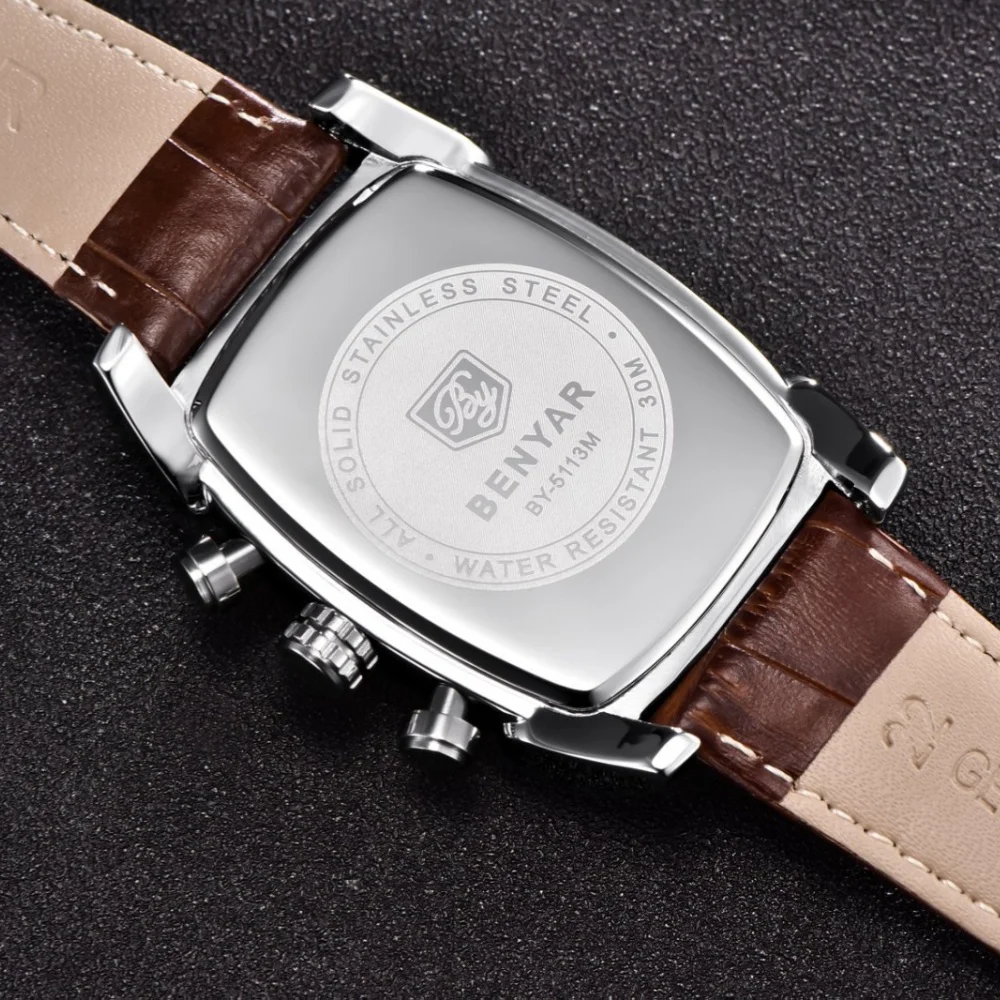 Relogio Masculino Mens Watches Top Luxury Brand BENYAR Chronograph Leather Quartz Watch Men Military Sport Rectangle Wristwatch - view 5