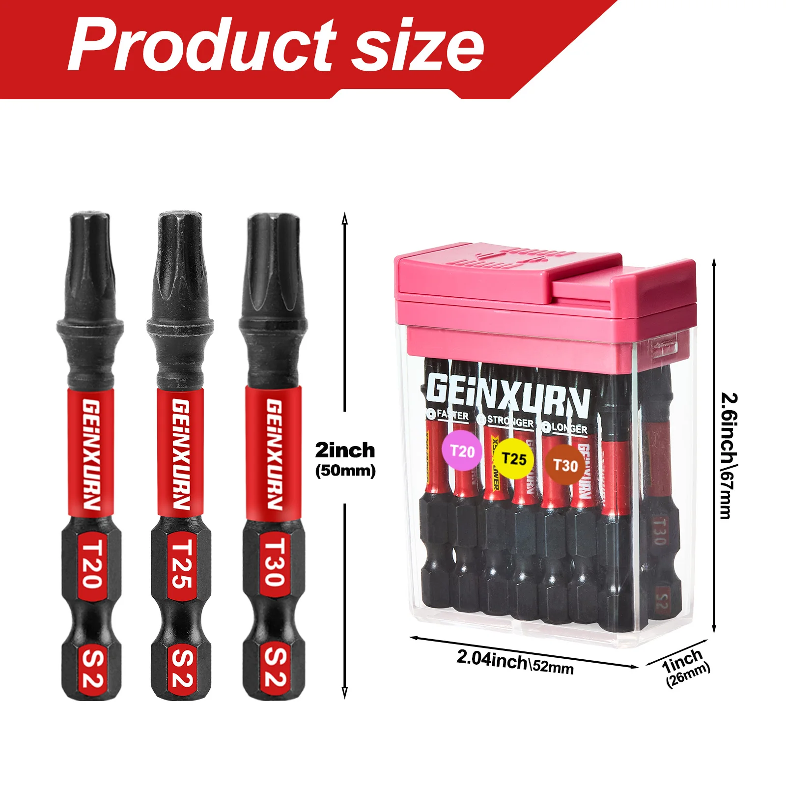 Geinxurn 15 PCS 2'' Impact Torx Screwdriver Bits Set, S2 Steel Multi Driver Bits with Storage Colorful Box（Pink）
