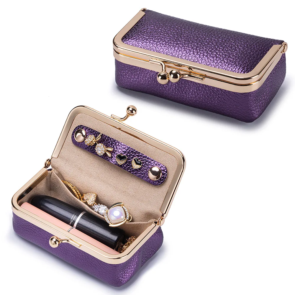 

Shiny Pearl Genuine Leather Kiss-Lock Jewelry Box, Smooth Metal Clasp Closure Mini Organizer Wallet, Women Leather Storage Pouch
