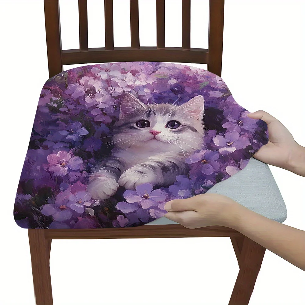 2/4/6pcs Chair Seat Slipcover,Cute Kitten in Purple Flower Print Chair Slipcover for Home Decor