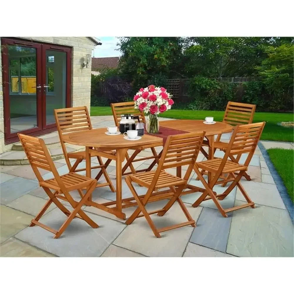 7-Piece Outdoor Patio Dining Set with Acacia Wood Oval Table and 6 Side Chairs, 36x78 Inch, Natural Oil