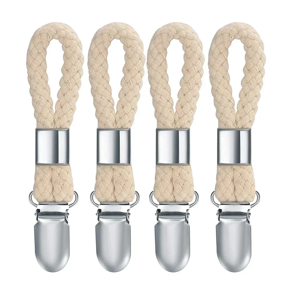 4pcs Towel Hanging Clips Clamps Braided Multipurpose Cotton Loop Metal Hook Kitchen Bathroom Storage Clips Socks Clothes Hanger