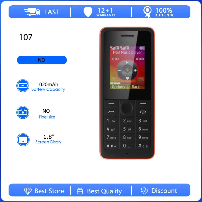 Original Refurbished 107 2G Dual Sim Unlocked GSM 900/1800 Mobile Phone Russian Arabic Hebrew Keyboard Made in Finland