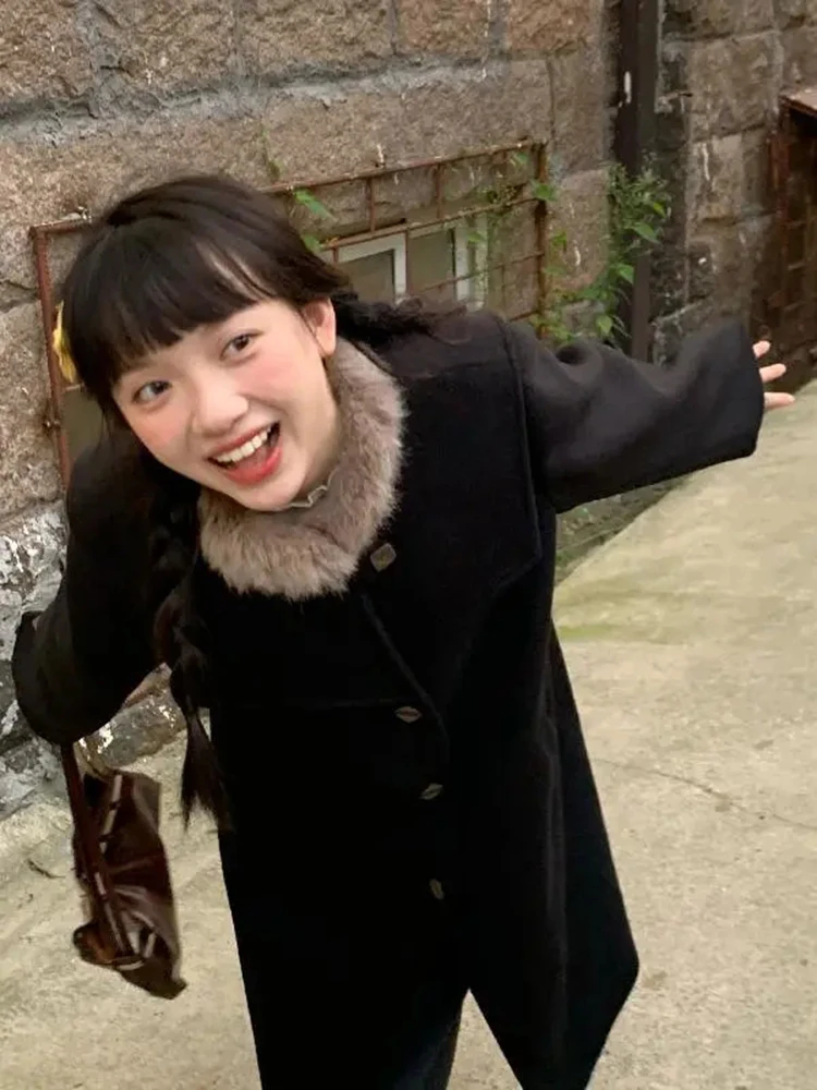 

Japanese Sweet Midi Coats Women Loose Casual Button Fur Collar Patchwork Woolen Coat Autumn Winter Warm Black Long Sleeve Tops