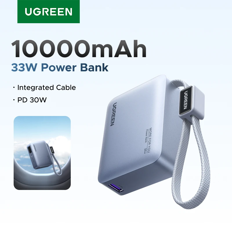 UGREEN 미니 33W 10000mAh 파워뱅크 내장형 타입-C 케이블 PD 30W 충전기 샤오미 33W 호환 외장 배터리