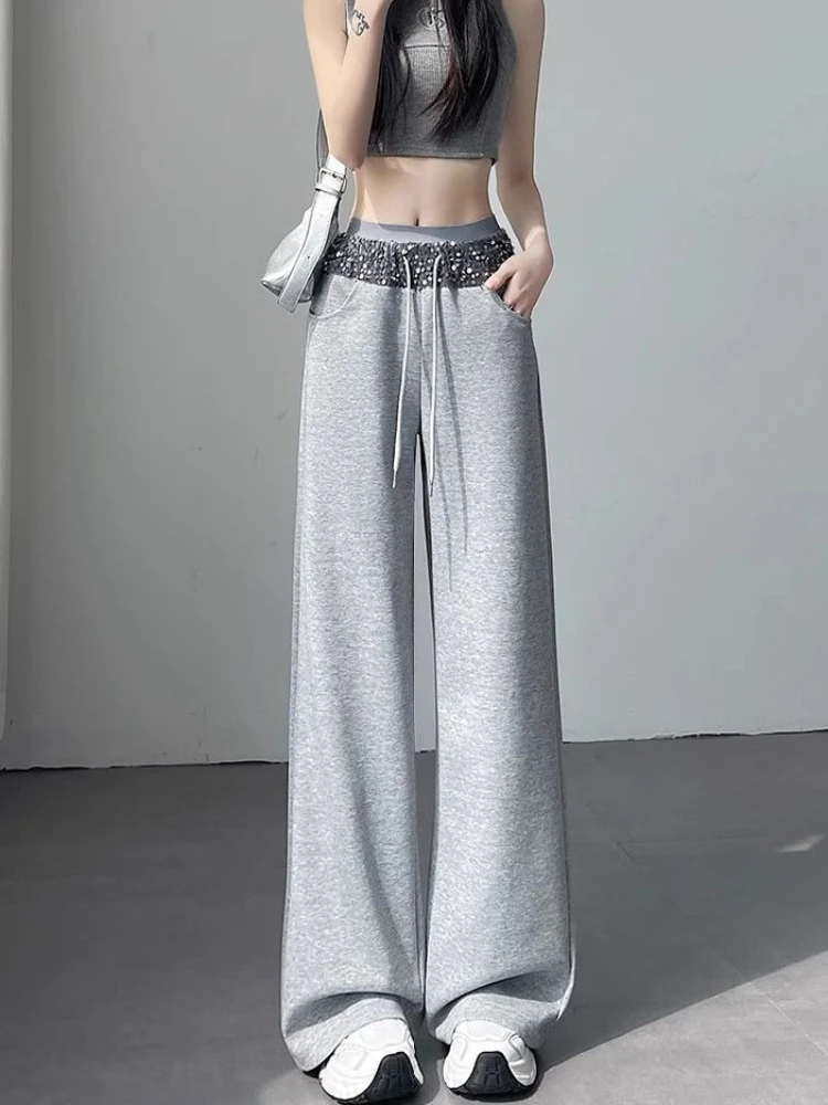 Thin Sequin Drawstring Wide Leg Sweatpants Women Summer Loose Slim Versatile High Waist Trousers