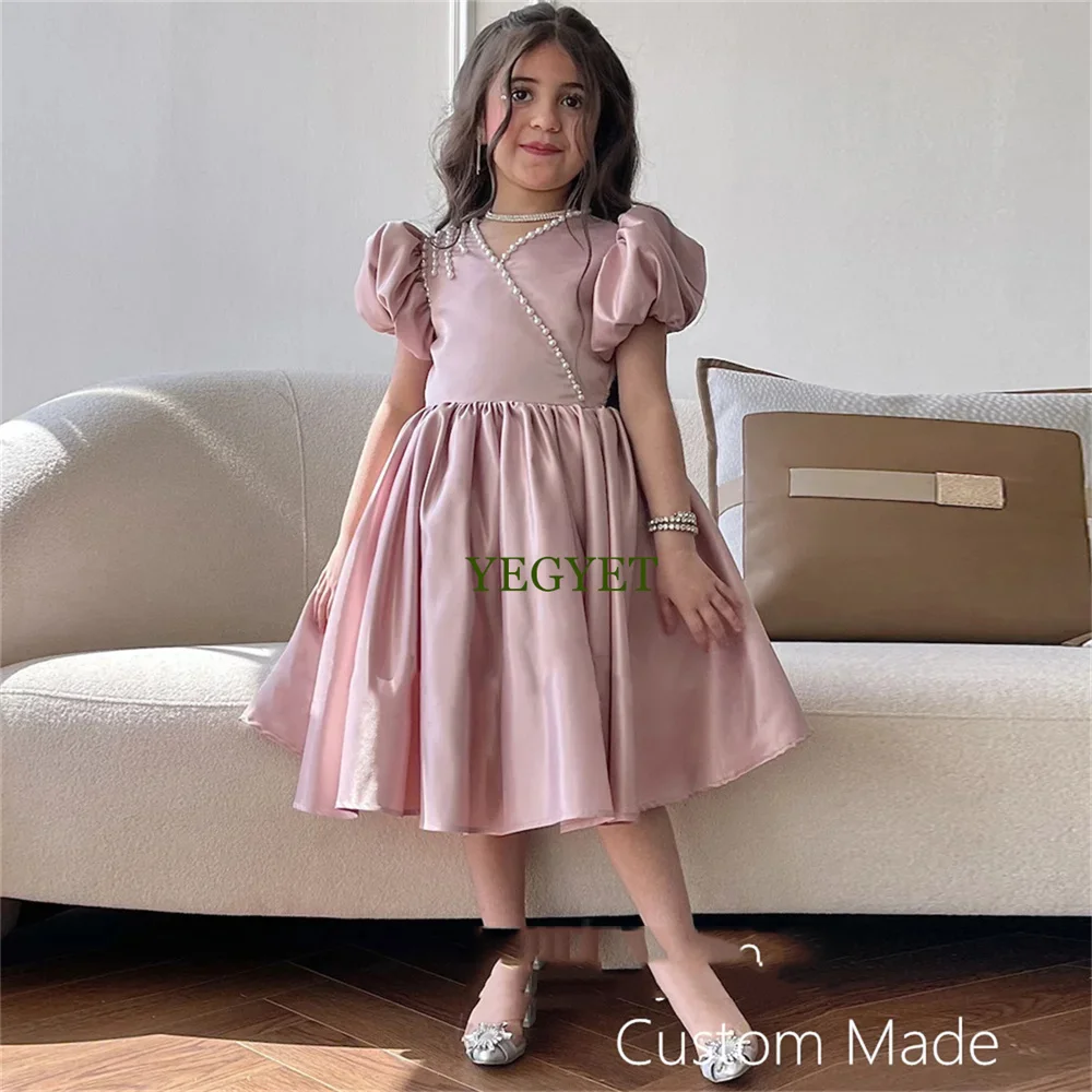 

Princess Flower Girl Dress for Pageant Short Sleeves V Neck Pearls A Line Satin Birthday Party Gown Saudi Arab Communion Dresses