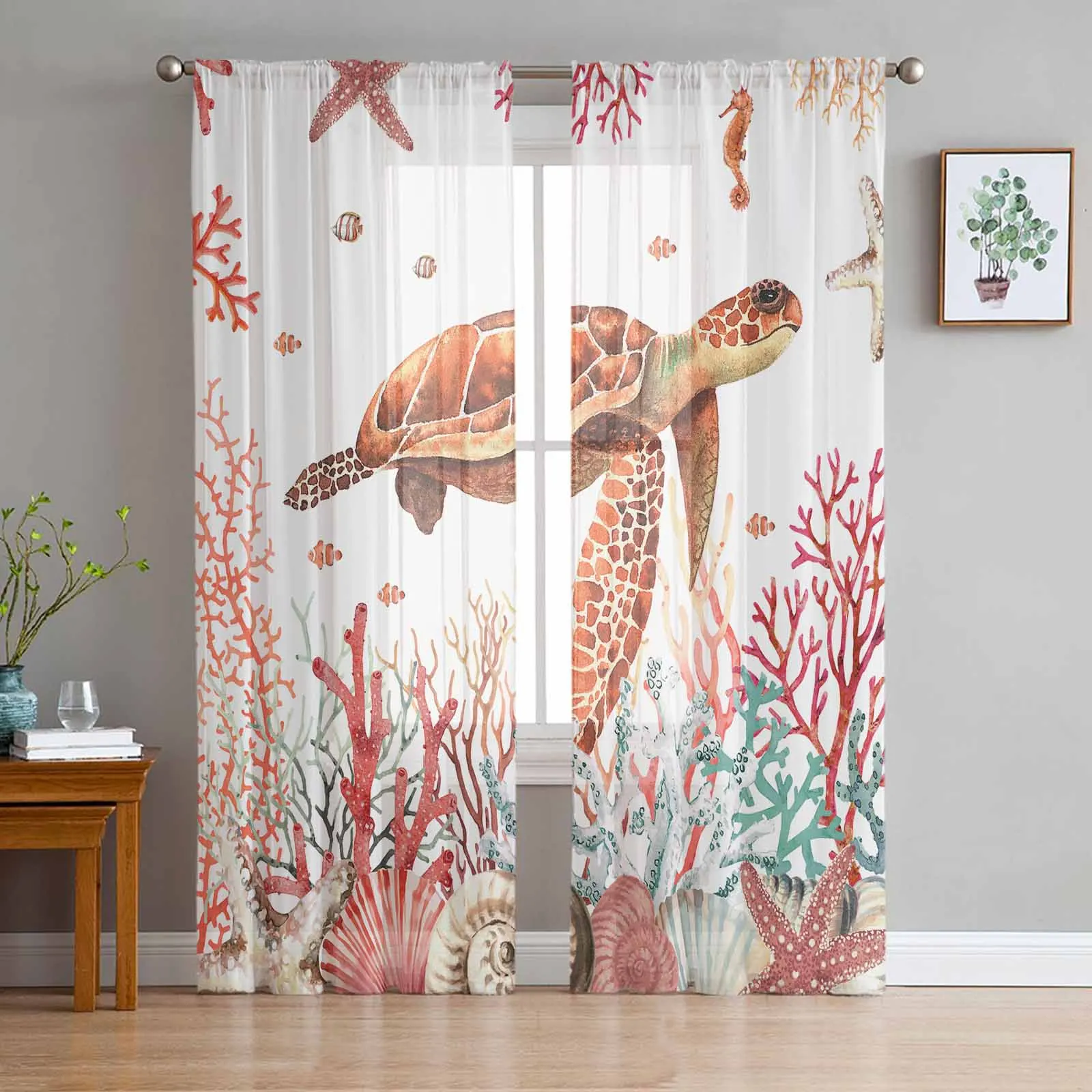 Marine Organisms Corals Shells Starfish Sea Turtles Sheer Curtains for Living Room Window Curtains Kitchen Tulle Voile Curtains