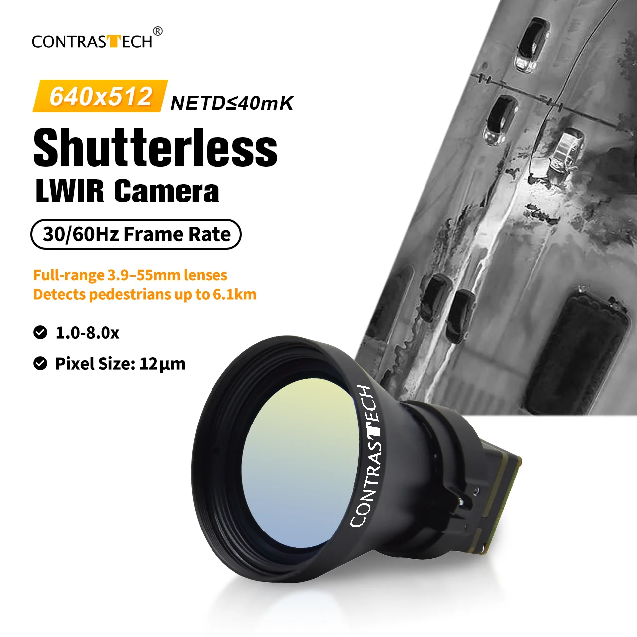 Low Power 1.0-8.0x Shutterless Thermal Infrared Camera Module 640x512 10μm 11mm Lens Radiometric Uncooled CMOS Sensor 30/60Hz