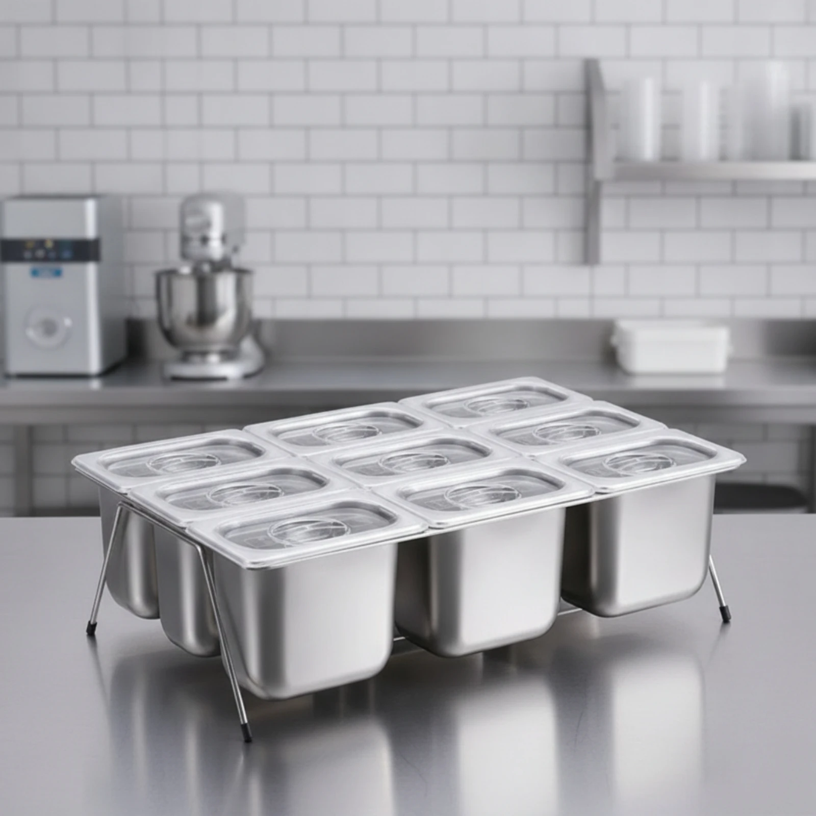 Stainless Steel Food Pan with Rack Dustproof 9-Compartment Food Pan with Lid Buffet Condiment Organizer with Stand Easy to Clean