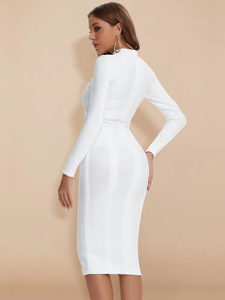 2024 New Fashion Women White Bodycon Bandage Dress Long Sleeve Sexy Hollow Out Night Club Celebrity Evening Party Prom Vestidos