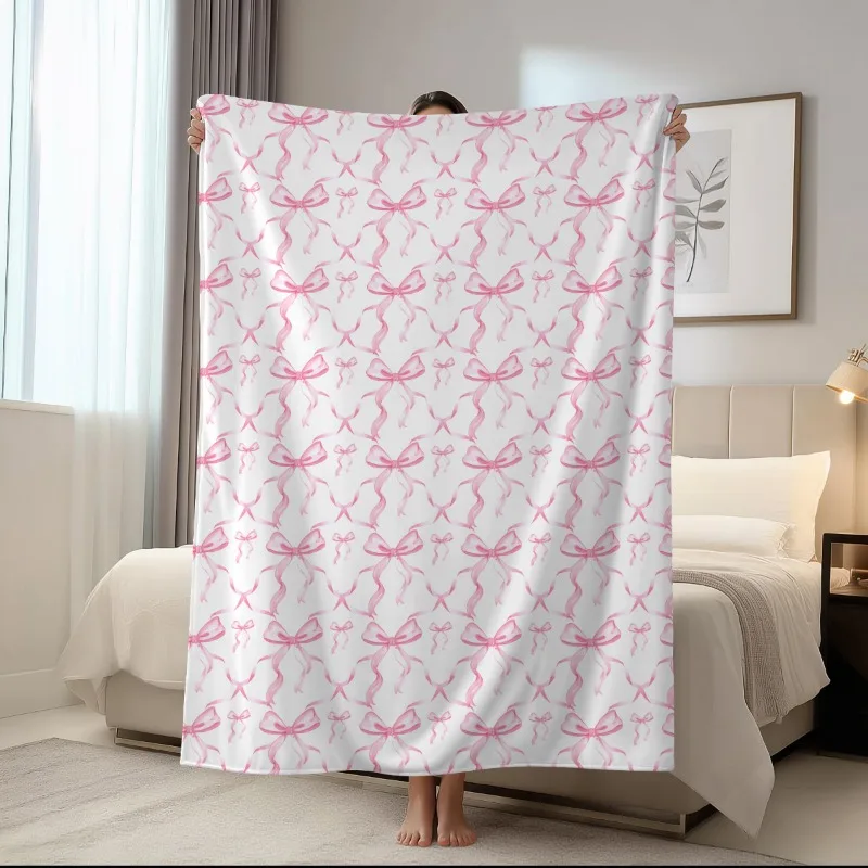 1pc Y2k Pink Bow Tie Blanket, Pink Bow Tie Printed Blanket, Comfortable and Soft Nap Envelope Small Cover Blanket