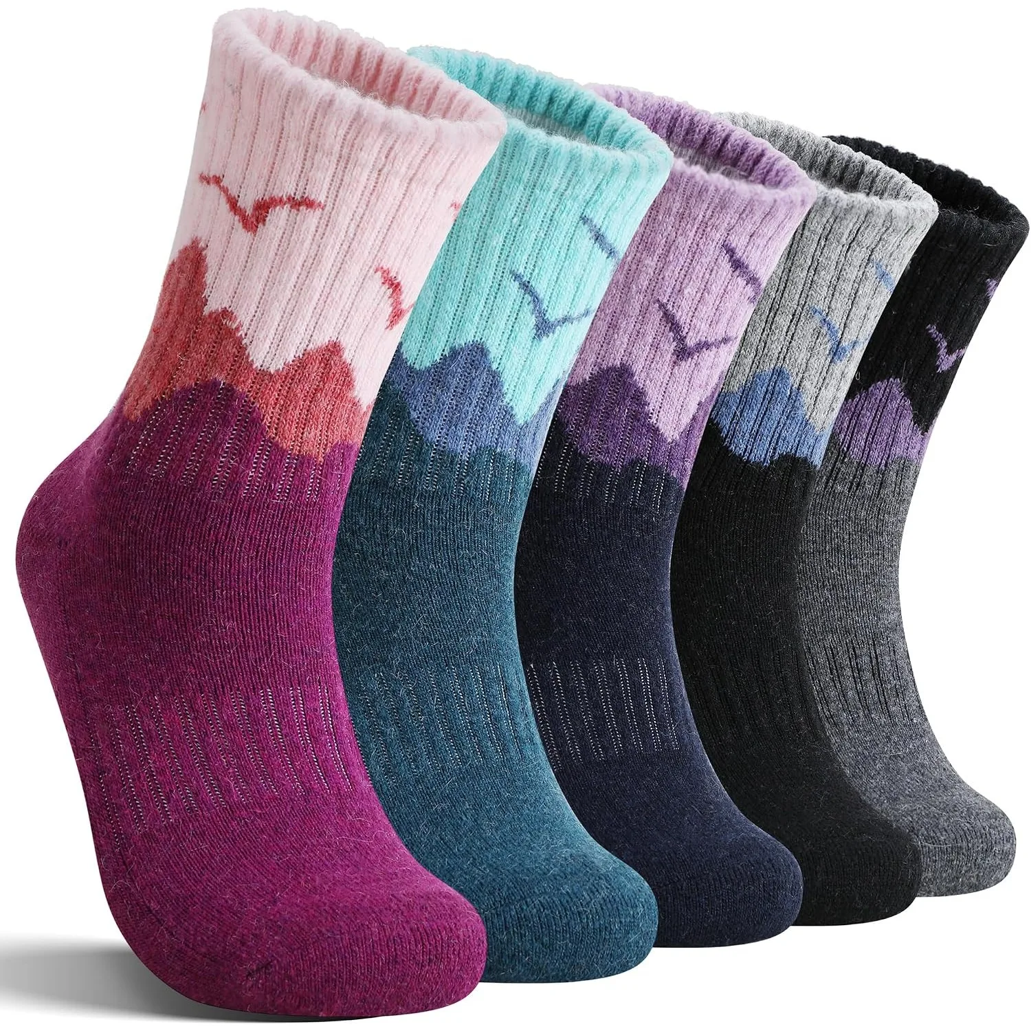 5-pair Women's Polyester Cotton Mid-Calf Hiking Socks, Gradient Twilight Mountain and Flying Bird Pattern Thermal Outdoor Socks