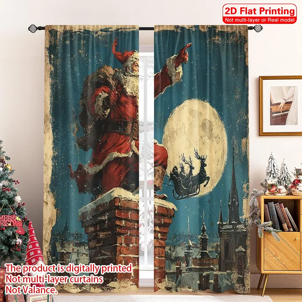 

2pcs 2D flat printing Merry Christmas Popular Window Drapes Santa Claus Machine Washable Polyester Without Electricity Festive
