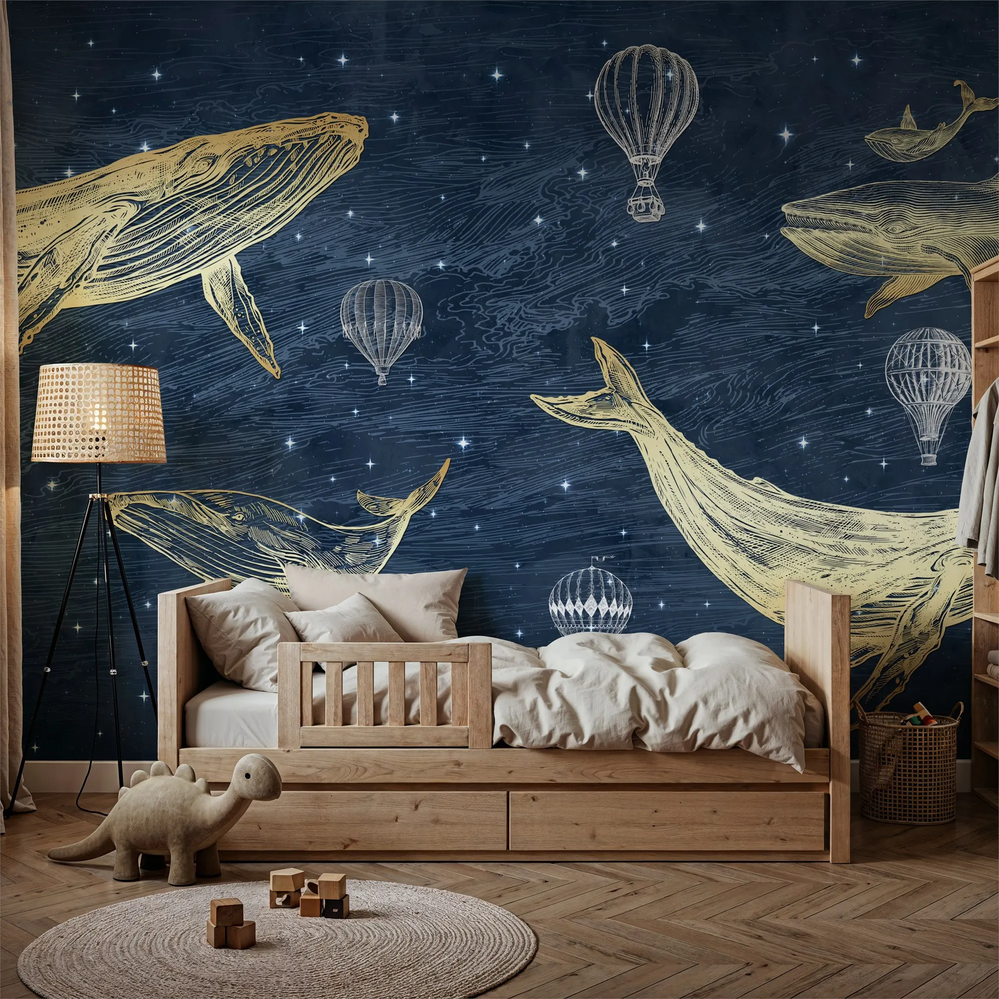 custom Whales in The Sky with Balloons Midnight 3d Wall mural peel and stick wallpaper