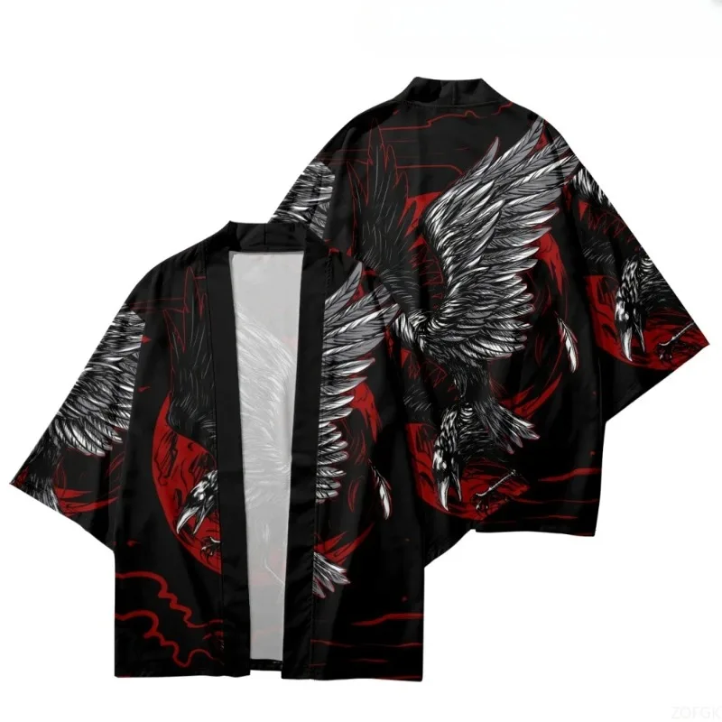 Moda cuervo impreso frente abierto Kimono Harajuku mujeres hombres Yukata mujeres calle japonesa Top