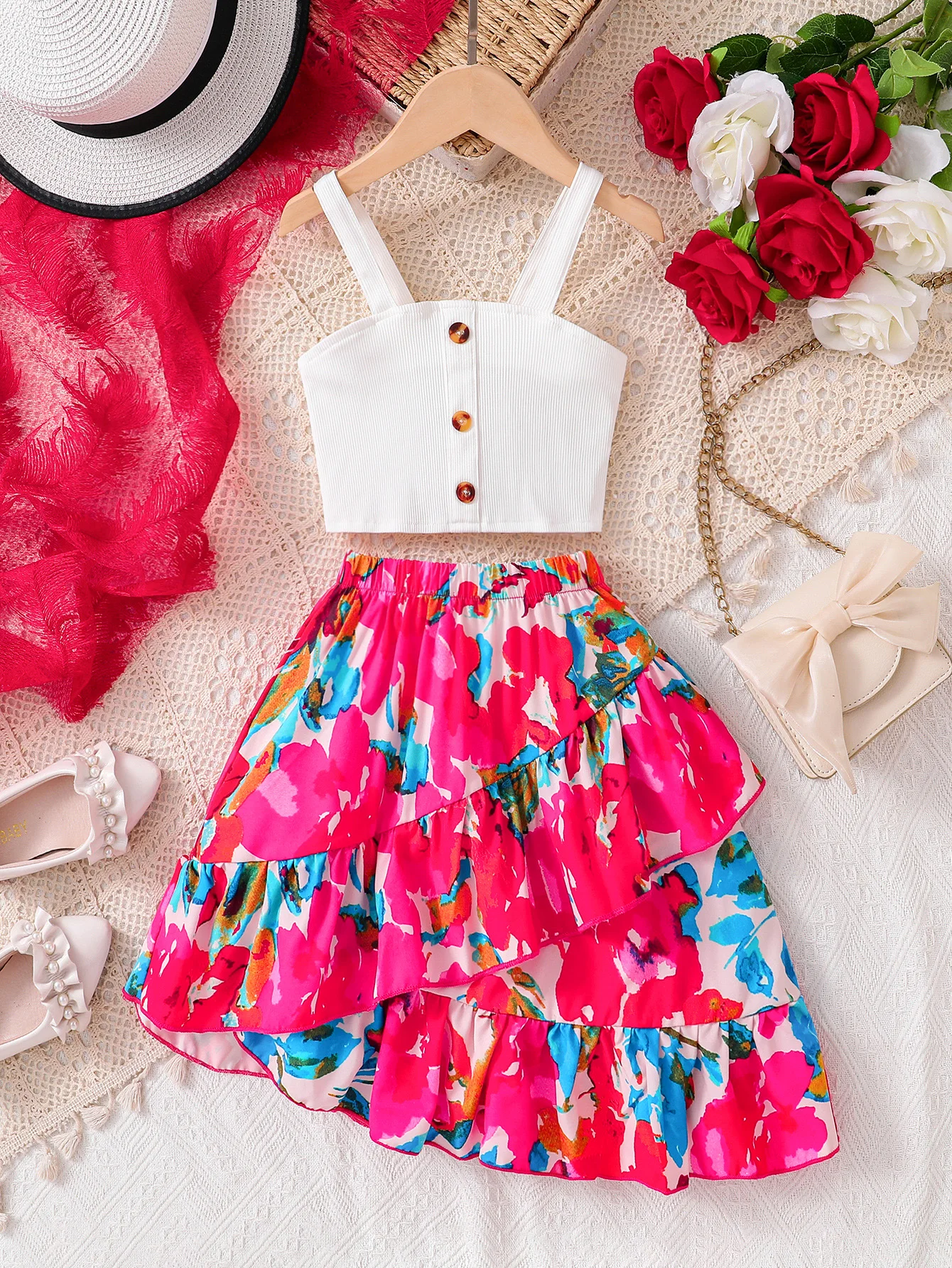 2-teiliges Set für Mädchen, modisches Sommer-Outfit, einfarbiges gestricktes Hemd mit Knöpfen + Rock mit Blumendruck und elastischem Bund, lässige und bequeme Alltagskleidung für Mädchen, jugendliche und vielseitige Kinderkleidung, stilvolle und vielseitige Outdoor-Kleidung für junge Mädchen