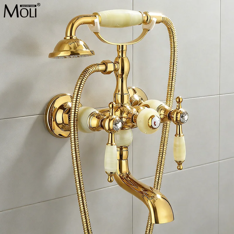 Wall Mounted Gold Bath Shower Faucet Bathtub Faucet With Hand Shower Jade Handle Dual Handle Hot and Cold Water Mixer ML3321