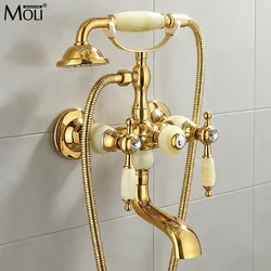 Wall Mounted Gold Bath Shower Faucet Bathtub Faucet With Hand Shower Jade Handle Dual Handle Hot and Cold Water Mixer ML3321