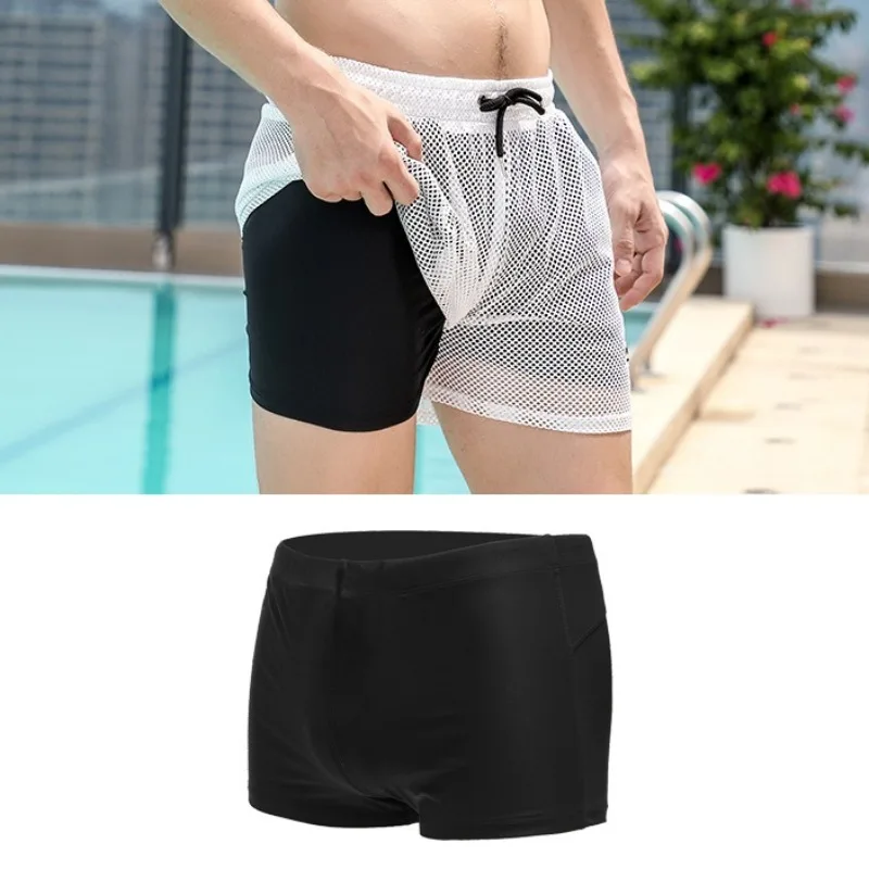 Mens Double Layered Mesh Swimming Trunks Breathable Quick Professional Beach Shorts Summer Swimsuits Boxer Bathing Suit Swimwear