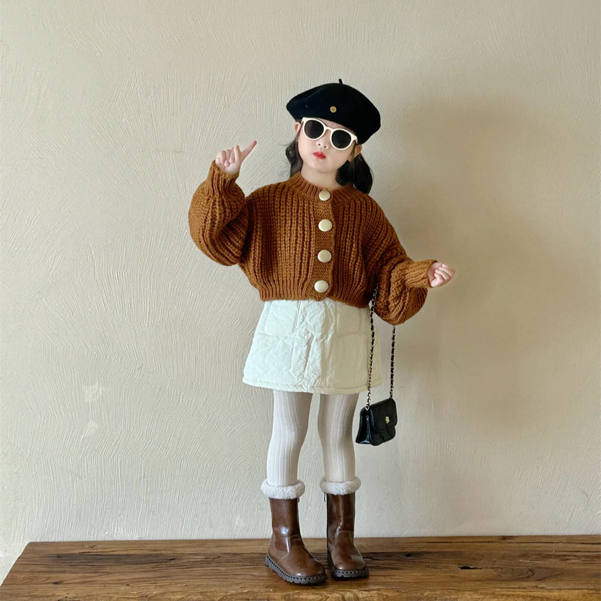 Girl Sweater Autumn Winter New 2024 Solid Knitting Cardigan Baby Retro Bishop Loose Coat Casual Simple Fashion Sweet Korean Cute