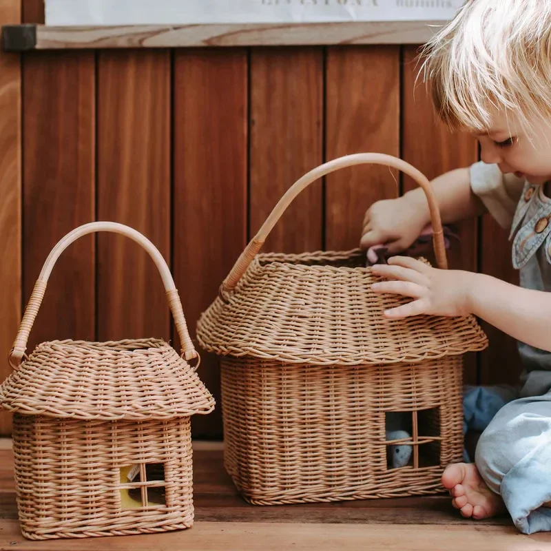 For ins style rattan woven small house storage basket toy handbag floral basket decor photo shooting props