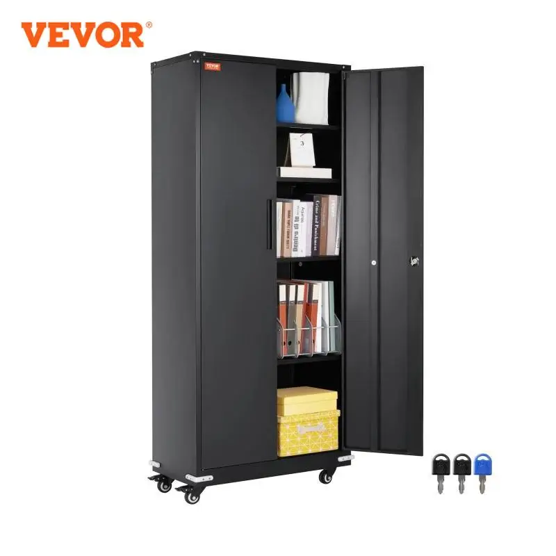 VEVOR Metal Storage Cabinet with Wheels 75'' Locking Cabinet with 2 Magnetic Doors and 4 Adjustable Shelves 200 lbs Capacity