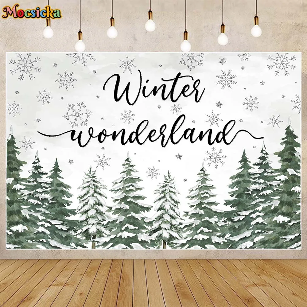 

Mocsicka Winter Wonderland Backdrop Snowy Forest Snowflake Baby Birthday Party Decoration Child Portrait Photo Backgrounds Props