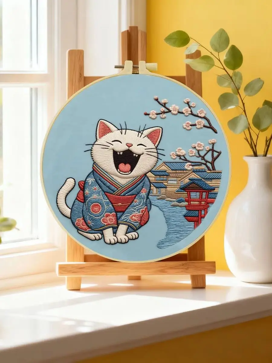 1 Stück 20X20CM/15X15CM 7,87/6,3 Zoll Japanisches Katzen-Stickerei-Starter-Kit DIY-Kit DIY-Stickerei-Set Handarbeiten – Detail 6