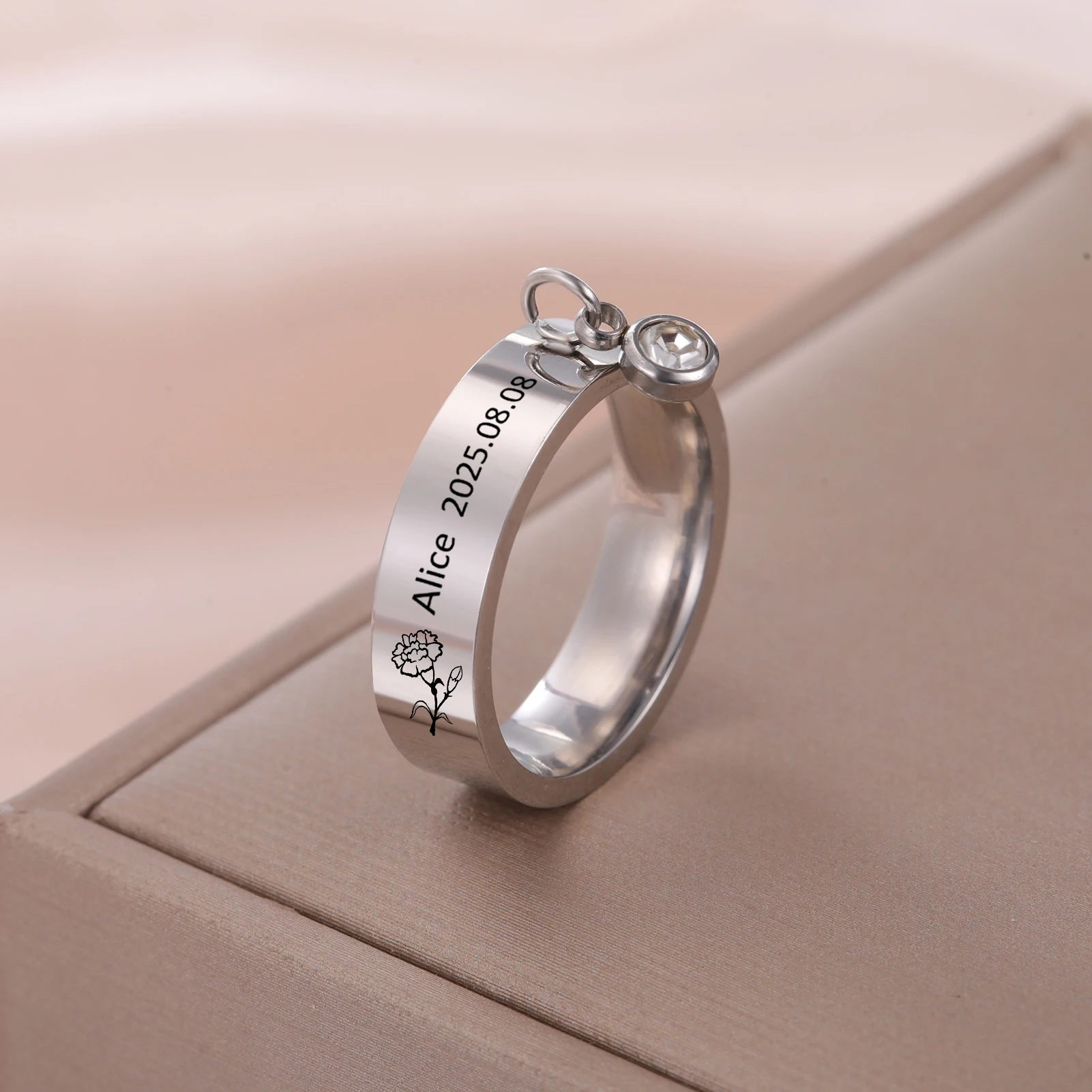 Customized Ring with Birthstone Engraved Birth Month Flower Rings Women Stainless Steel Jewelry Friend Birthday Christmas Gifts