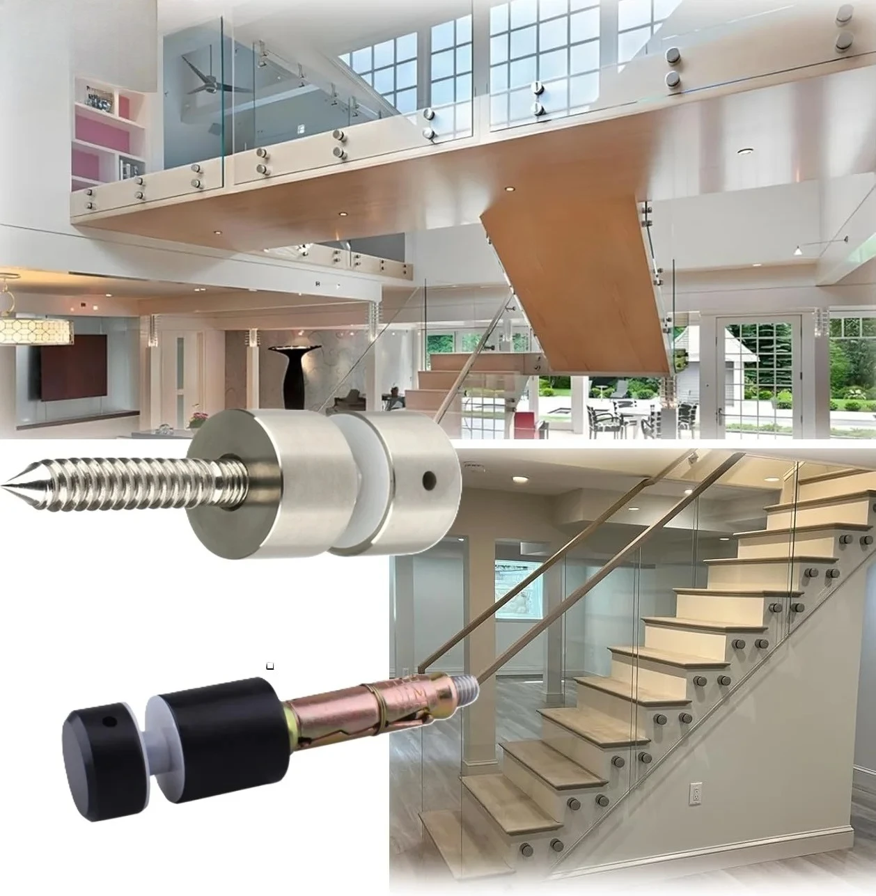 4P Stainless Steel Glass Railing Standoff Fixture Black Float Hanging Fastener for Balcony Stair Balustrade Glass Mount Hardware