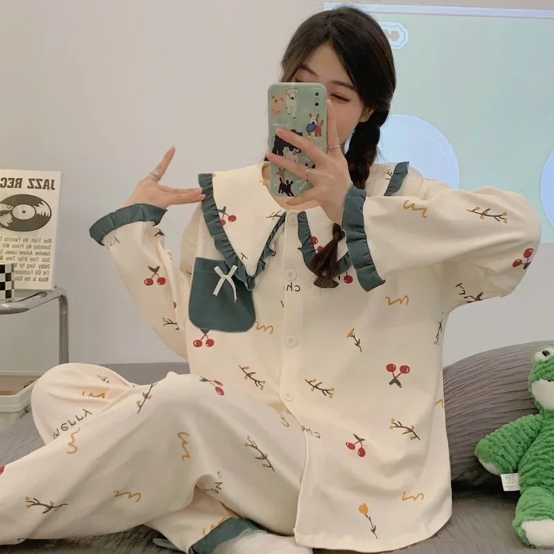 Autumn Women Sweet Pajama Sets 2024 Loose Faux Cotton Pijama Cute Girl Ins Style Sleepwear New Korean Long-sleeve Pants Homewear