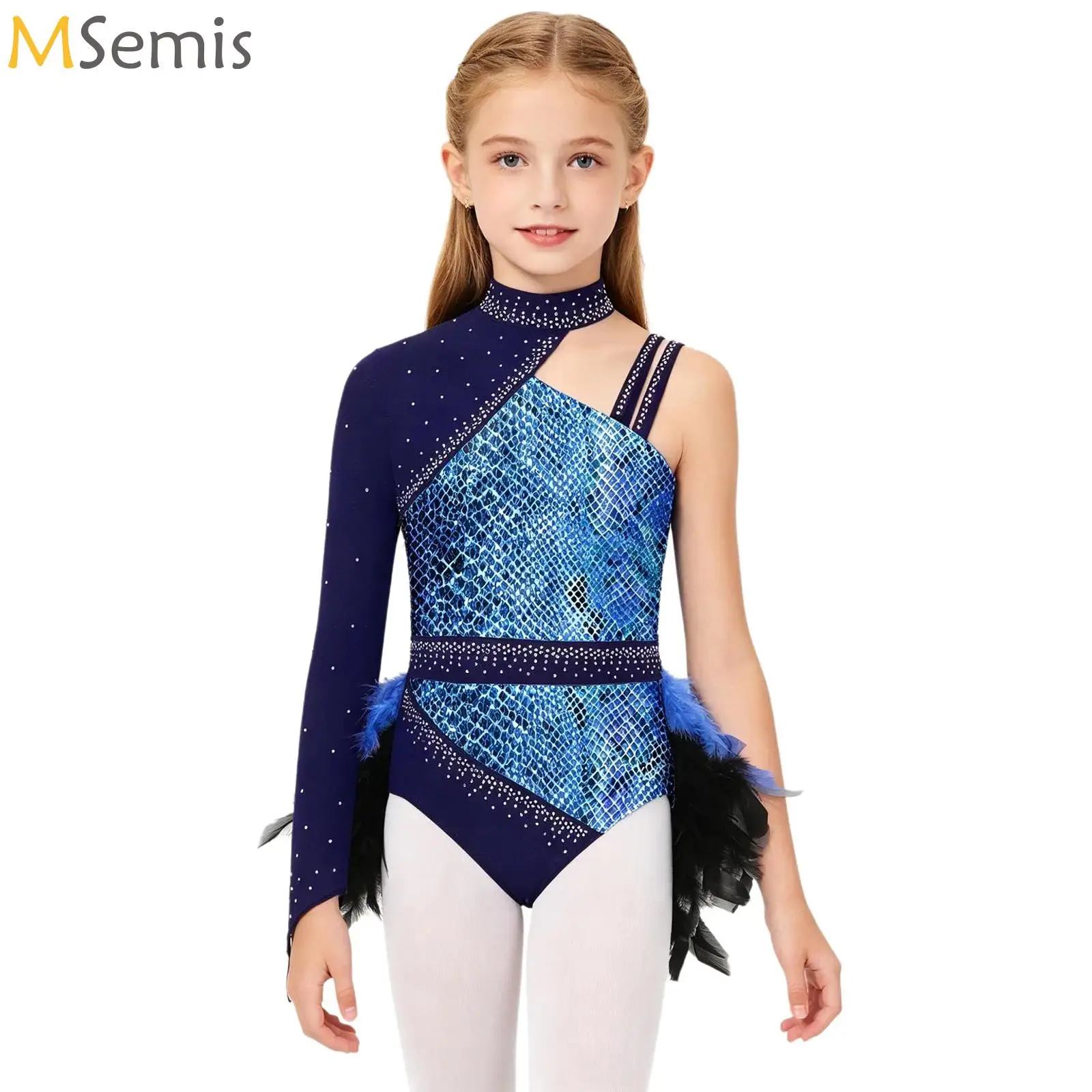 

Kids Girls Ballet Dance Costume Shiny Sequin Feather Trim Asymmetrical Sleeve Jazz Leotard Latin Cha-cha Samba Waltz Dancewear