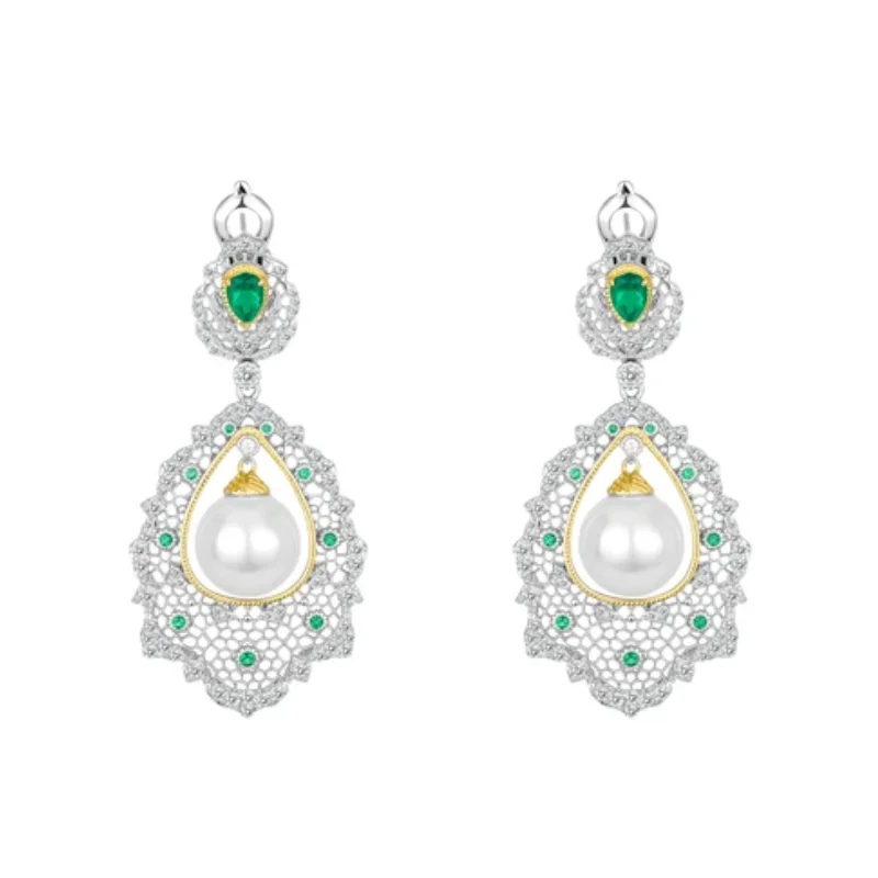 BELLUX 925 Silver Synthetic Zircon Earrings Emerald White Pearl Palace Style Vintage Hollow Lace Light Luxury Earrings