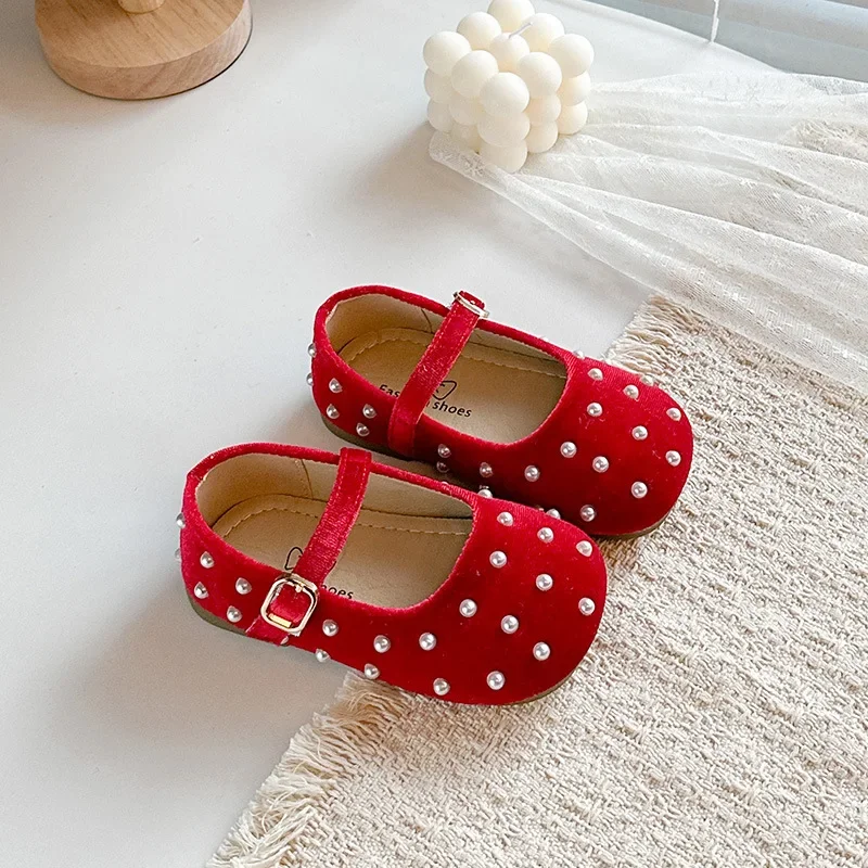 Girls Children Casual Shoes, Velvet Pearl Decoration Princess Soft-soled Non-slip Suitable Toddlers Wedding