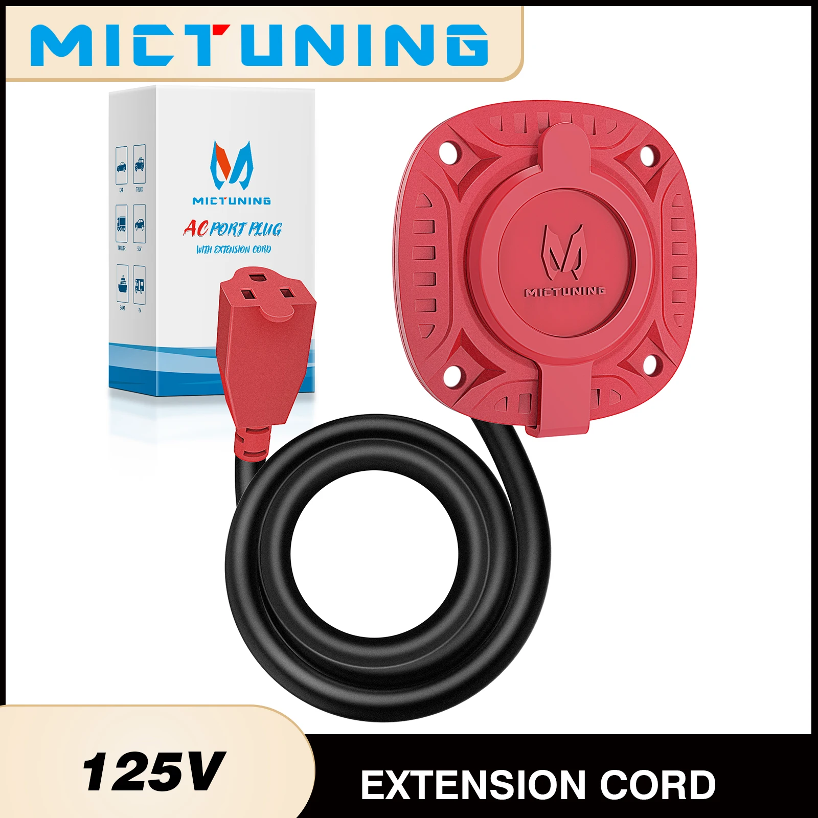 

MICTUNING Gray/Red 125V AC Port Plug with 20" Integrated Heavy Duty Extension Cord and Water-Resistant Cap,Waterproof Wire