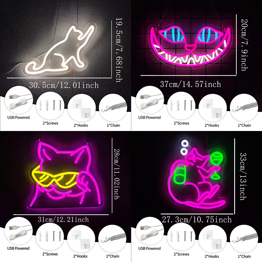 Cat Neon Sign for Wall Decor，Cat Lover Led  Light Up Signs for Bedroom Man Cave Home Animal Bar Pet Shop Birthday Party Decor