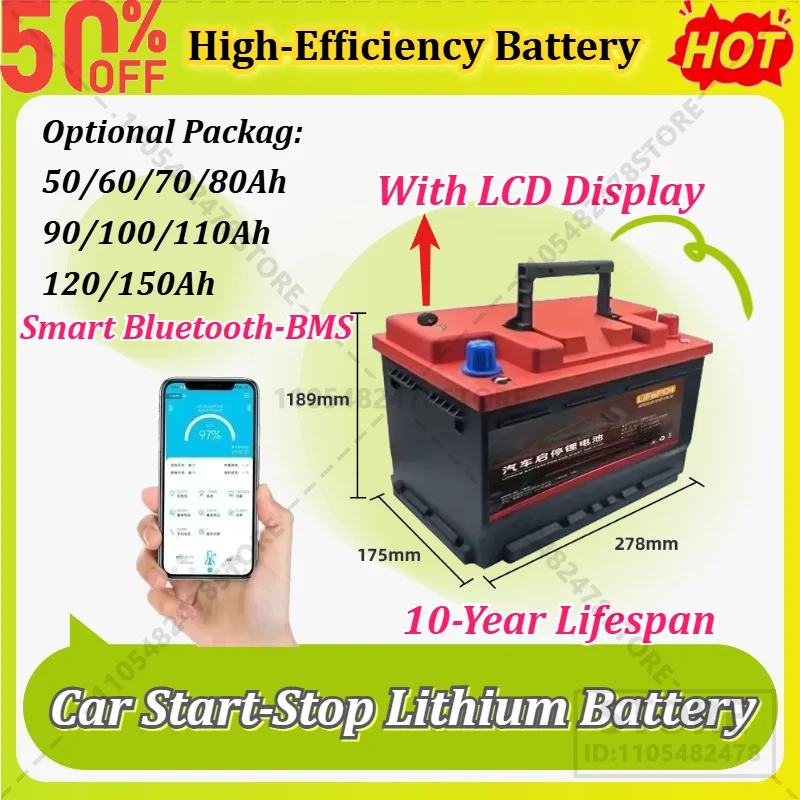 Upgraded High-Capacity 12V LiFePO4 Start Stop Car Battery with Bluetooth APP Control LCD Display AGM Emergency Replacement