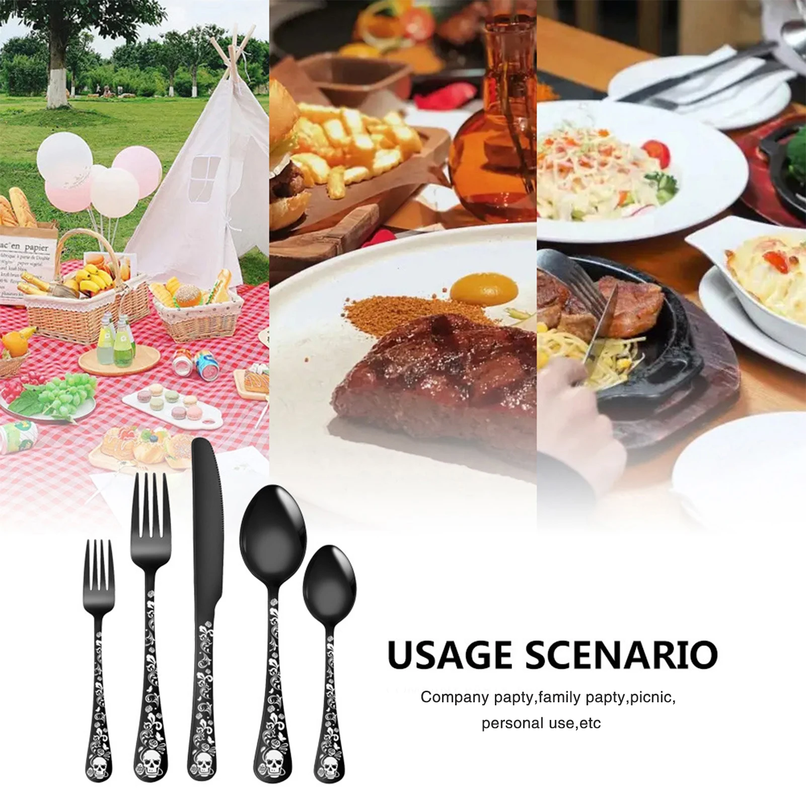 5pcs Cutlery Set Tableware Stainless Steel Gothic Spoon Fork Knife Halloween Skull Pattern Dinnerware Western Flatware Set