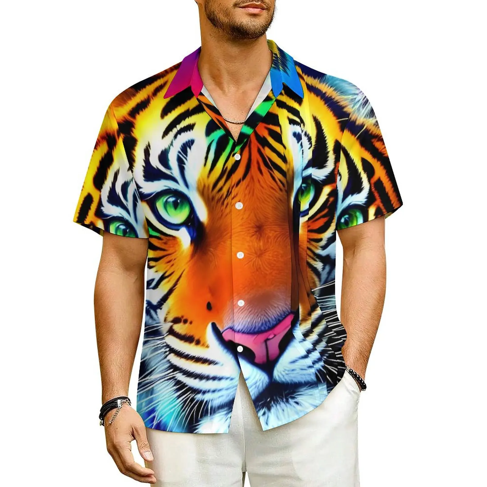 

Caspian Tiger Vacation Shirt Men Colorful Rainbow Retro Y2K Casual Shirts Hawaiian Short Sleeve Harajuku Oversize Blouses Gift