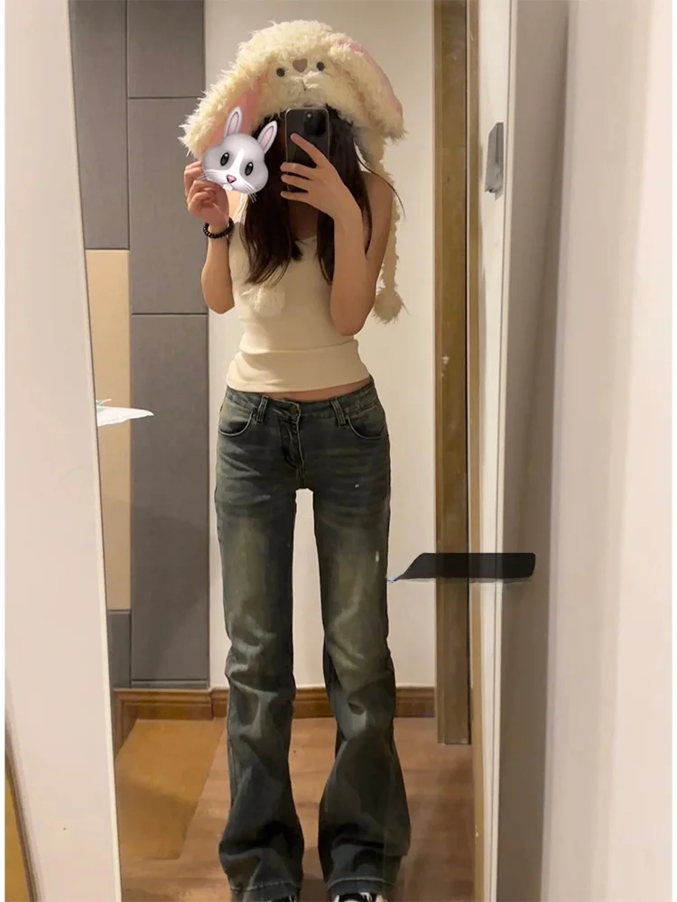 

Low Waist Bell Bottom Denim Jeans Women's Summer Slimming Retro American Style Distressed Elastic Wide Leg Pants