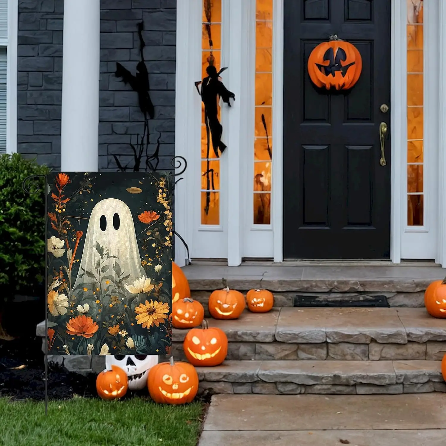 Halloween Ghost Garden Flags for Outside 12x18 Inch Double Sided | BOO Ghost in Daisy Field Small Seasonal Decorations for Y llp