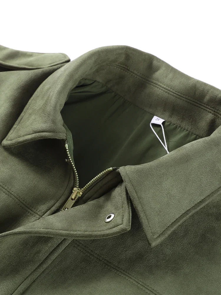Jaket Bomber Wanita Oligai Musim Gugur 2025 Beludru Longgar Pakaian Jaket Mantel Kasual Hijau Mantel Wanita untuk Streetwear
